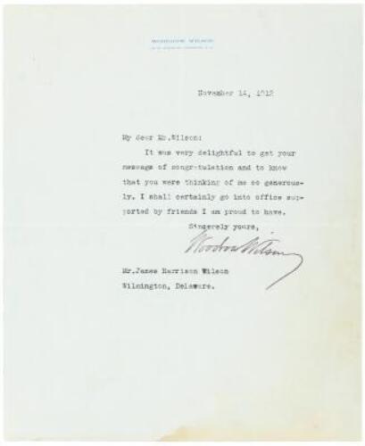 Two typed letters signed by Woodrow Wilson to James H. Wilson, plus a photostatic copy of a handwritten letter from W. Wilson to J.H. Wilson, a carbon of a letter from the latter to the former, and a typed letter from W. Wilson’s secretary