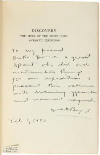 Discovery: The Story of the Second Byrd Antarctic Expedition - inscribed to a member of the expedition