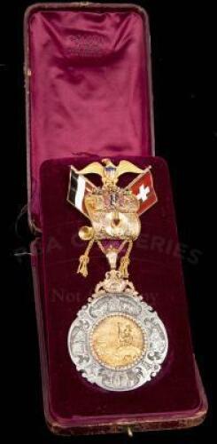 Elaborate presentation medal, made in San Francisco in 1871 of 14kt and 24kt gold, silver and encrusted with diamonds, rubies and pearls, for presentation to California Pioneer Dr. John F. Morse (1816-1875) of Sacramento and later San Francisco by the Int
