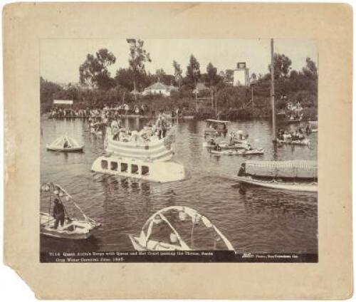 Queen Anita's Barge with Queen and Her Court passing the Throne, Santa Cruz Water Carnival, June, 1895