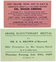 Admission tickets for speeches by “Greatest Colored Orator” - Mrs. Booker T. Washington’s nephew - and an early Black Harvard graduate