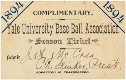 Season ticket for the Yale University Base Ball Association