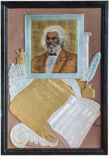Display mural featuring a portrait of Frederick Douglass, the Emancipation Proclamation, etc.