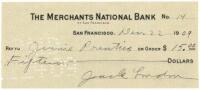 Four checks drawn on Jack London's Merchants National Bank account, signed by London