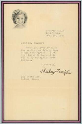 Letter from Shirley Temple to a Mr. Walker regarding a Calvin Coolidge autograph she had requested