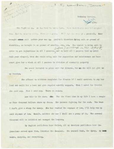 Letter from Jack London to Charmian Kittredge, written shortly after Bessie London has filed for divorce, mistakenly believing that Anna Strunsky was involved with Jack