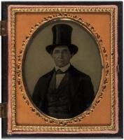 Ambrotype of a man in a top hat, in shield motif thermoplastic union case