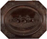 Tintype of a horse, in rare thermoplastic Union case featuring a racing horses on the covers