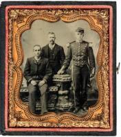 Tintype of three gentlemen, one in uniform, in embossed leather case