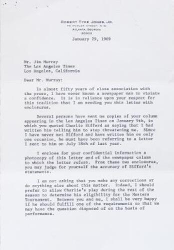 Three Typed Letters Signed by Bobby Jones to Los Angeles Times Reporter Jim Murray regarding Charlie Sifford's struggle to play in the Masters - plus a few letters from Lee Elder, and a signed Sports Illustrated