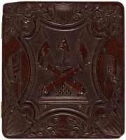Two ambrotypes, of a violist and two men playing cards, in both sides of a single thermoplastic "Crossed Cannons" Union case