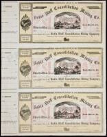 Sheet of three unissued certificates in the Bodie Bluff Consolidated Mining Company of Aurora, Mono County, California, each signed by Leland Stanford as president