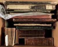 Shelf lot of atlases, geographies, school atlases, 18th century bound periodicals, etc.