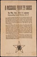 A Message From the Skies by Maj. Gen. John A. Lejeune Commanding Second Division, A.E.F. - printed message dropped by airplane during World War I