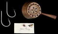 Collection of fishing flies, hooks and leaders used by Zane Grey, contained in a small copper pot