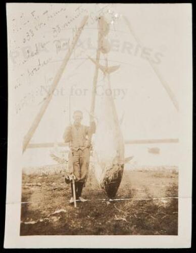 Original photograph of R.C. Grey with his 638 lb. Nova Scotia Tuna - with hand-written note by brother Zane Grey