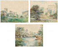 Three watercolor sketches of castles and estates