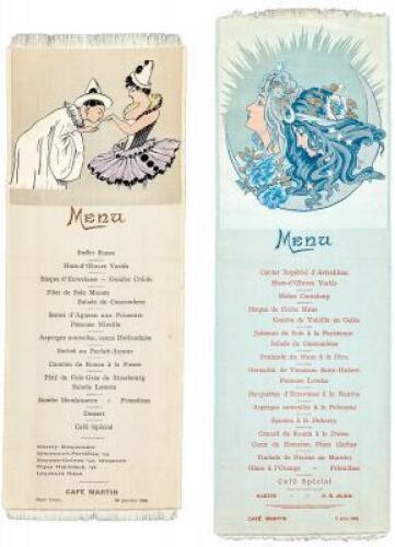 Two "Stevensgraph" style silk menus from the Café Martin