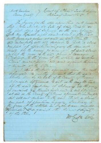 Handwritten indictment of North Carolina man for selling liquor to a slave