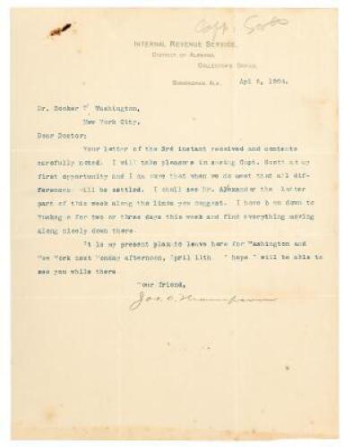 Letter to Booker T. Washington from the Black Republican "boss" of Alabama