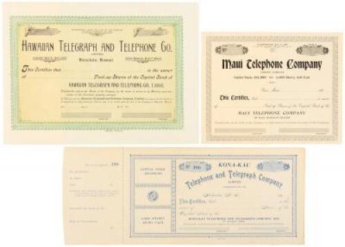 Three stock certificates for early Hawaiian telephone companies