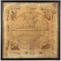 Eighteenth century embroidered map on silk of the Western Hemisphere, with color vignettes in the corners, the whole surrounded by signs of the zodiac