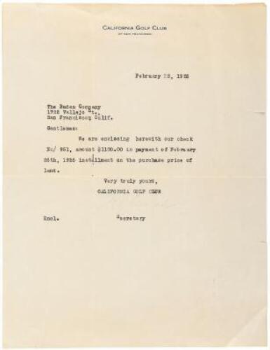 Typed letter regarding mortgage payment for the club land