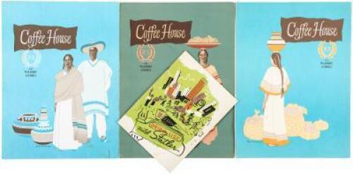 3 scarce 1950s illustrated menus from the Waldorf Astoria Coffee House, and 1 from the Hotel Statler