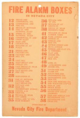 Directory card for fire alarm boxes in Nevada City, California