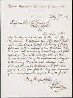 Autograph Letter, signed, regarding an appointment to the Pennsylvania Geological Survey