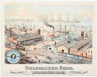 Color lithographed advertising broadside showing the Ohlemacher factory in Sandusky, Ohio.