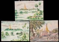 Three original watercolors of a Shwedagon Pagoda in Yangon, Myanmar