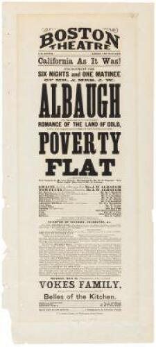 Boston Theatre Broadside For &ldquo;Romance Of The Land Of Gold, Poverty Flat&rdquo;