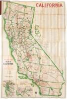 California Road Map: "Wagon Road" Map of California. "Red lines show county, wagon, and automobile roads"