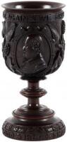 Carved mulberry wood goblet with a bust of Shakespeare and Shakespeare&rsquo;s coat of arms on the bowl