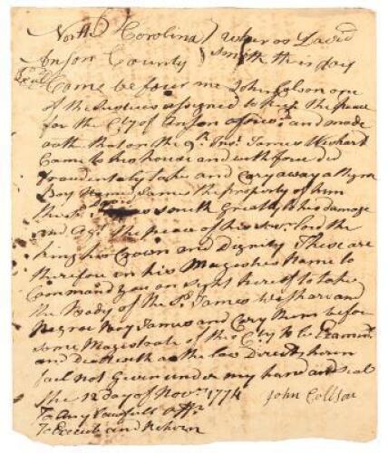 Legal manuscript document about "slave stealing” in colonial North Carolina