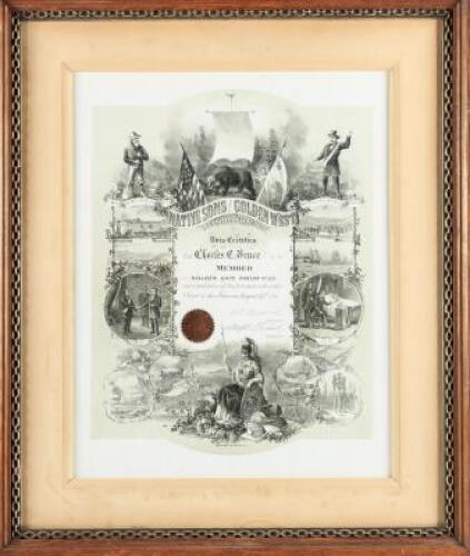 Lithographed pictorial membership certificate in the Native Sons of the Golden West