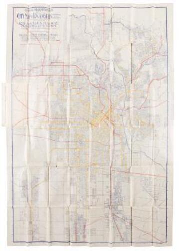 Official Transportation and City Map of Los Angeles, California, and Suburbs... Los Angeles Railway Operating System, color of cars and lines on map...