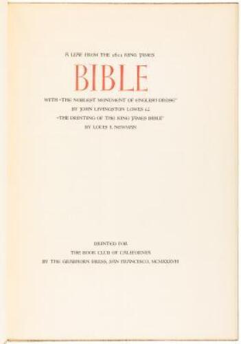 A Leaf from the 1611 King James Bible with "The Noblest Monument of English Prose" by John Livingston Lowes & "The Printing of the King James Bible" by Louis I. Newman