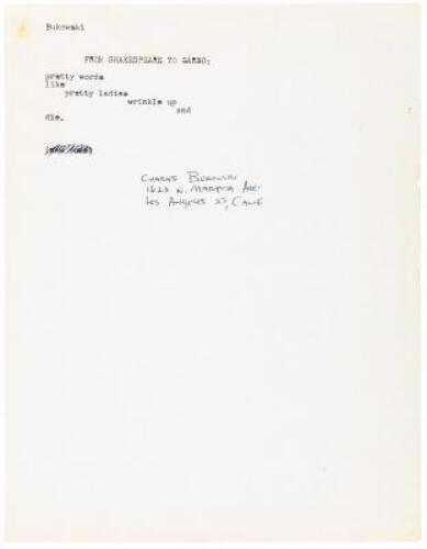 From Shakespeare to Garbo - original typewritten poem