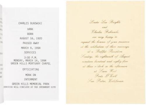 Charles Bukowski wedding invitation and memorial service leaflet