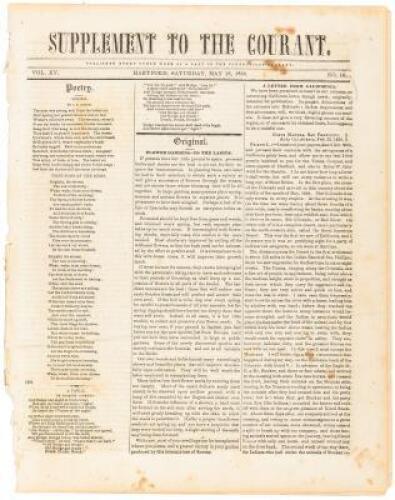 "A Letter From California... Corte Madera, San Francisco, Alta California, Feb. 22, 1850" - in Supplement to the Courant. Published every other week as a part of the Connecticut Courant