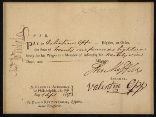 Pay voucher for Valentin Opp, signed by Thomas Mifflin as Speaker of the Pennsylvania House of Representatives