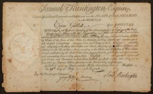 Document signed by Samuel Huntington as Governor (i.e. "Captain General and Commander in Chief") of the State of Connecticut, appointing Ezra Gallet an ensign in the militia