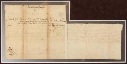 Document relating to a legal judgement in favor of Robert Treat Paine, awarding him &pound;600 for being defrauded in payment of rent, apparently, signed by Paine on the back of the document