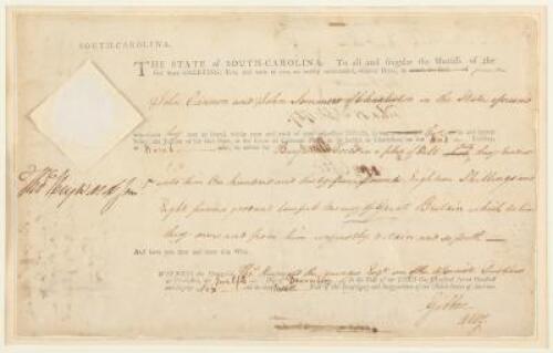 Document Signed by Thomas Heyward, Jr., as judge, being a writ ordering the sheriff to bring two debtors to court