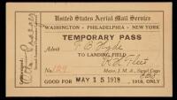 Temporary Pass admitting F.B. Hyde to the landing field for the inaugural flight of the United States Aerial Mail Service