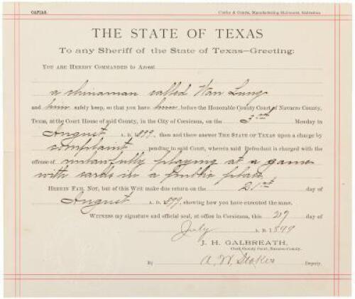 1899 Texas arrest warrant for Chinese-American gambler