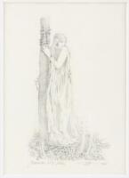 Guinevere at the Stake - Two preliminary studies, the final drawing, and a woodcut print