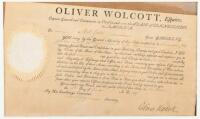 Document Signed by Oliver Wolcott as Governor (i.e. "Captain General and Commander in Chief") of the State of Connecticut, appointing Abel Gates a lieutenant in the militia